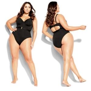 City Chic Lily Underwire One Piece Belted Swimsuit Black Plus Sz M Sz 18